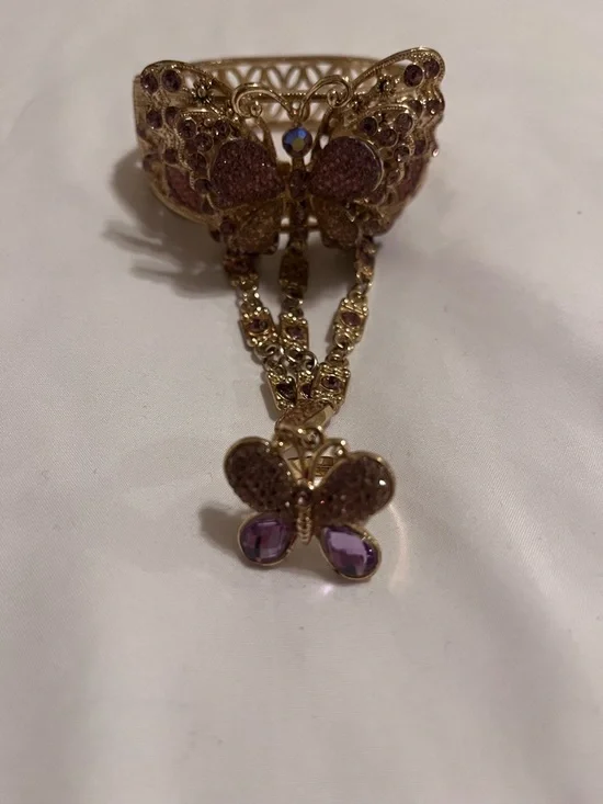 Gold-Tone Butterfly Hand Bracelet with Purple Accents - Picture 2 of 12
